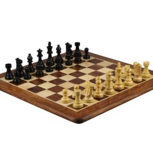 Sheesham Chess Set With Sheesham Flat Chess Board 20 Inch and Ebonised French Knight Chess Pieces 3.75 Inch