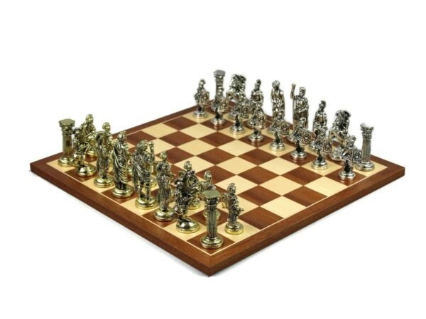 Metal Range Chess Set Mahogany & Maple Board 20'' With Roman Metal Chess Pieces 3.8''