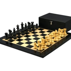 Ebony Chess Set 16 Inch With Flat Chess Board and Weighted Ebonised Classic Staunton Chess Pieces 3 Inch