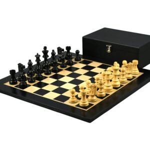 Ebony Chess Set 16 Inch With Flat Chess Board and Weighted Ebonised German Staunton Chess Pieces 3 Inch
