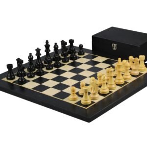 Ebony Chess Set 20 Inch With Helena Flat Board and Weighted Ebonised French Knight Staunton Chess Pieces 3.75 Inch