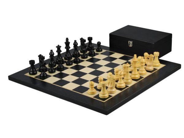 Ebony Chess Set 20 Inch With Helena Flat Board and Weighted Ebonised French Knight Staunton Chess Pieces 3.75 Inch