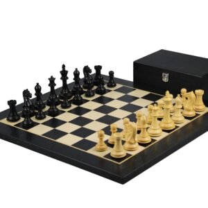 Ebony Chess Set 20 Inch With Helena Flat Chess Board and Weighted Ebonised Fierce Knight(Queen’s Gambit) Staunton Chess Pieces 3.75 Inch