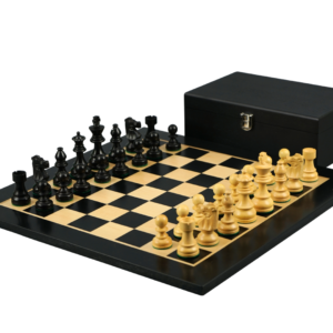 Ebony Chess Set 16 Inch With Flat Chess Board And Weighted Ebonised French Staunton Pieces 3 Inch