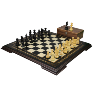 Ebony Chess Set 20 Inch with Helena Chess Board and Weighted Ebonised French Knight Staunton Chess Pieces 3.75 Inch