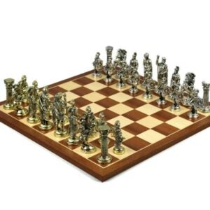 Metal Range Chess Set Mahogany & Maple Board 18” With Roman Metal Chess Pieces 3.8”