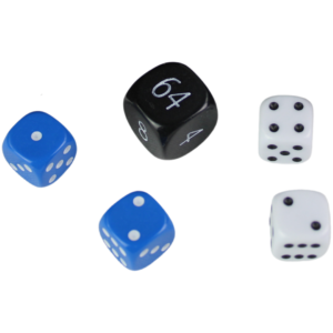 Replacement Backgammon Dice Set – Black Doubling Cube – White & Blue Dices