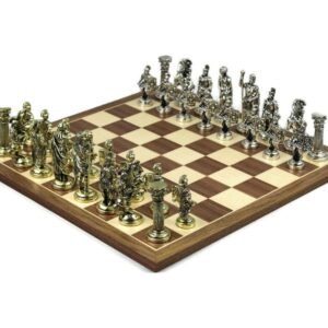 Metal Range Chess Set Walnut & Maple Board 20” With Roman Metal Chess 3.8”