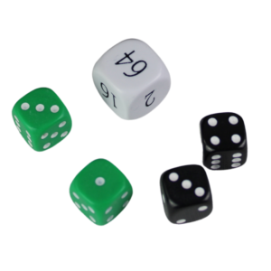 Replacement Backgammon Dice Set – White Doubling Cube – Black & Green Dices
