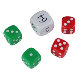 Replacement Backgammon Dice Set – White Doubling Cube – Red & Green Dices