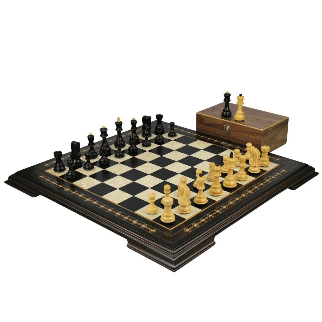 Hyperrealistic photograph of a classic chess set showcasing intricate craftsmanship and sophistication.